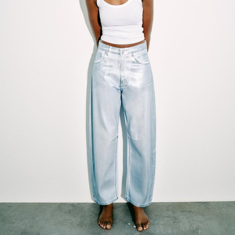 NWT ZARA MID WAIST TRF FOIL BALLOON BAGGY JEANS PASTEL BLUE